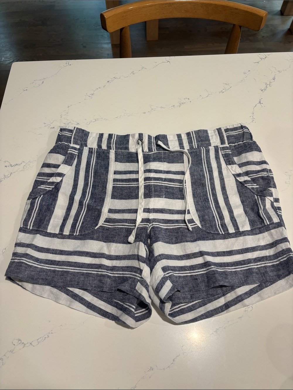Athleta Navy and White Striped Drawstring Athletic Shorts